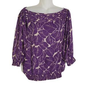 BCBG MAXAZRIA Womens Medium Blouse Leave Print Boat Neck 3/4 Sleeve Top Purple